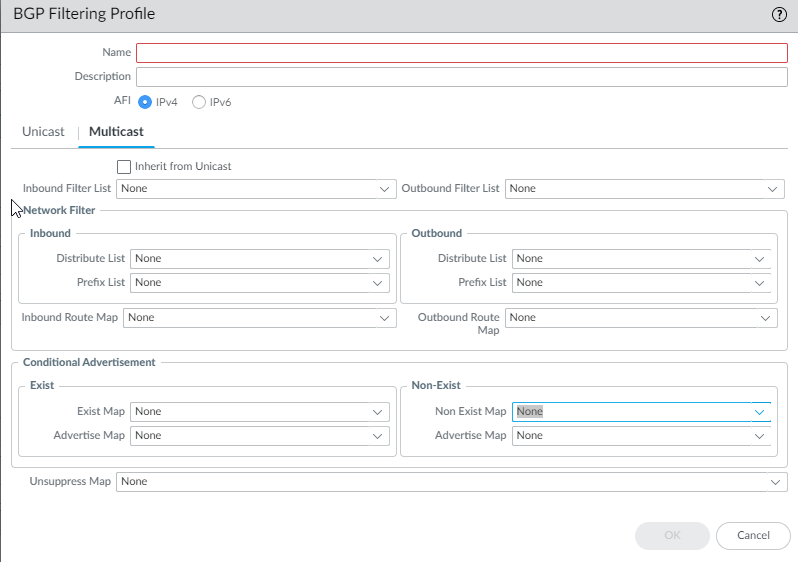 BGP Filtering Profile configuration window.